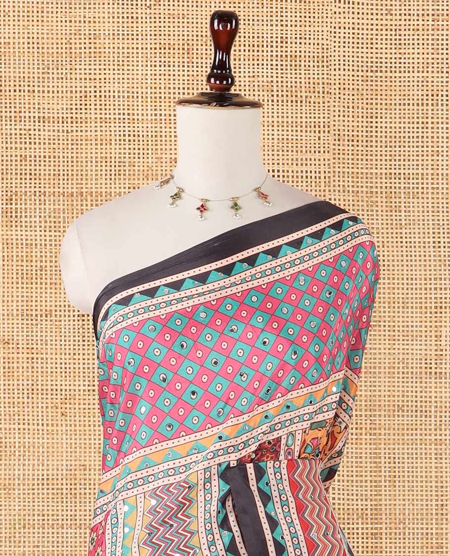 Black floral & geometric print & mirror embroidery masakali saree,self-border & pallu of print & mirrorwork, printed blouse