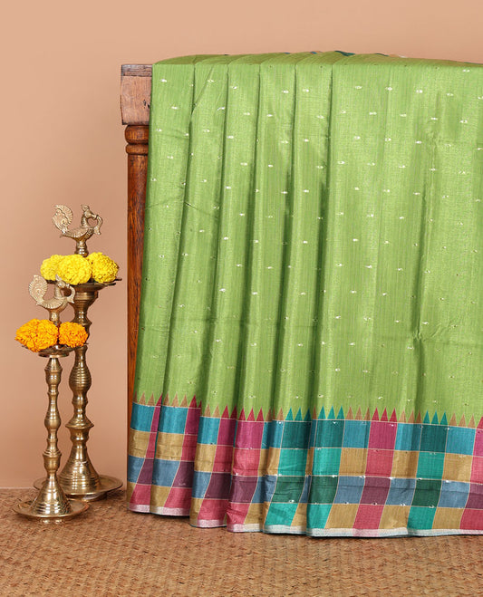 Green zari buttas Kathan silk saree, contrast border & pallu of multi-color checks & temple design, blouse of multi-color checks & buttas