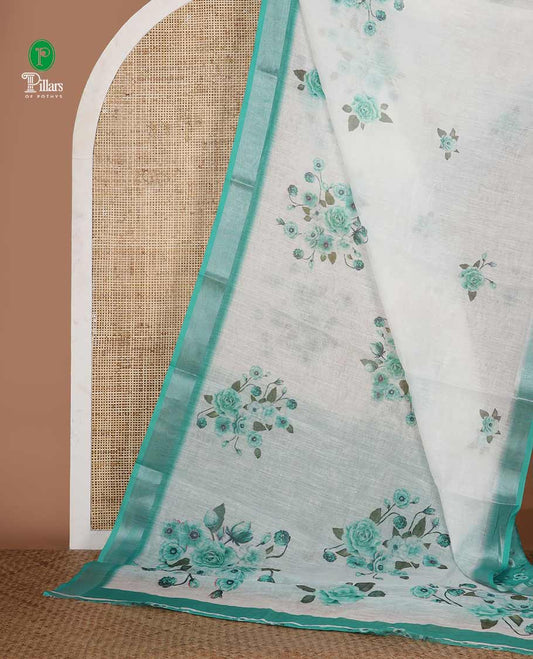 White rose floral printed linen saree, contrast silver bavanji border, floral printed pallu & floral printed green blouse