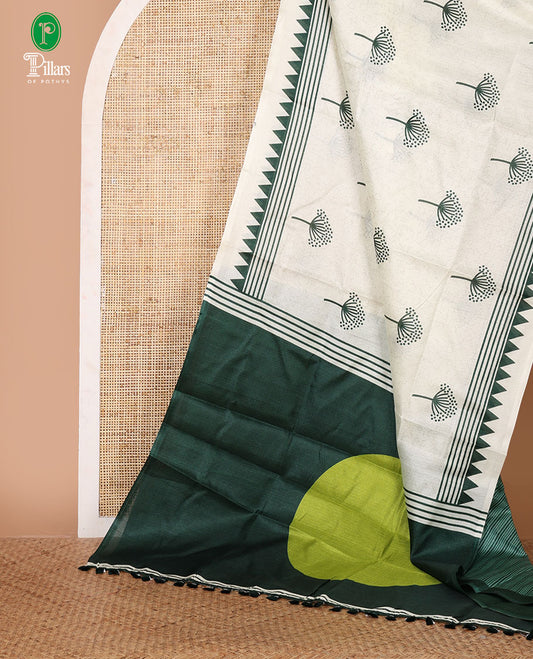 Cream floral-style printed khadi cotton saree, contrast green temple & lining printed border, lining printed border & printed blouse