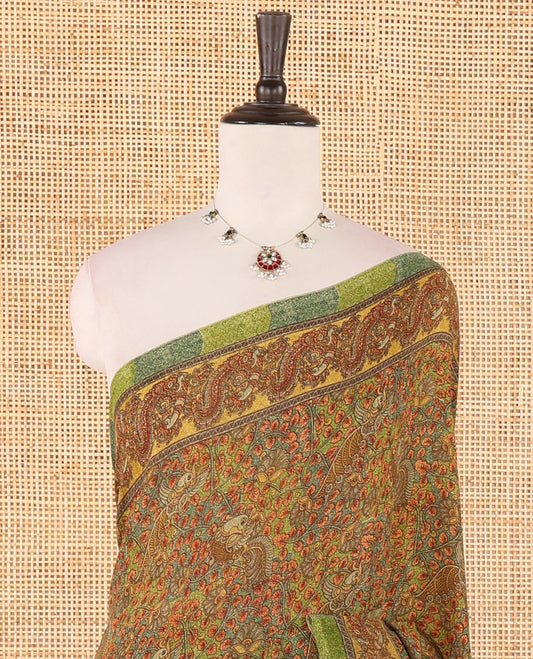 Green intricate floral & bird printed kimaya saree, peacock printed border, printed pallu & contrast printed blouse