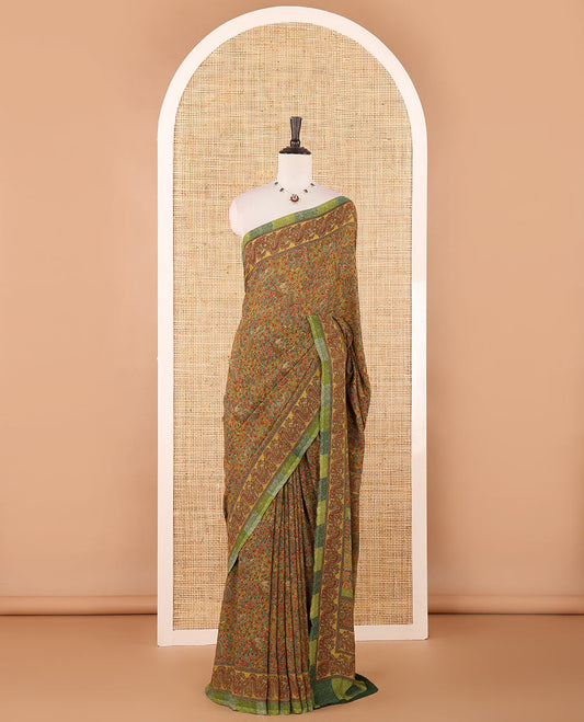 Green intricate floral & bird printed kimaya saree, peacock printed border, printed pallu & contrast printed blouse