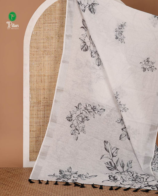 White floral printed linen cotton saree, silver zari border, realistic floral printed pallu & intricate floral print blouse