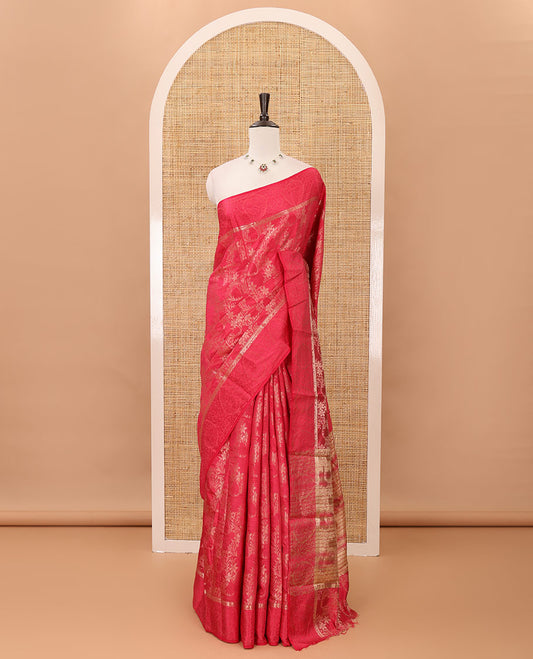 Red floral jaal jacquard fancy tussar saree, zari floral design border, tissue lining pallu & floral jaal zari matching blouse