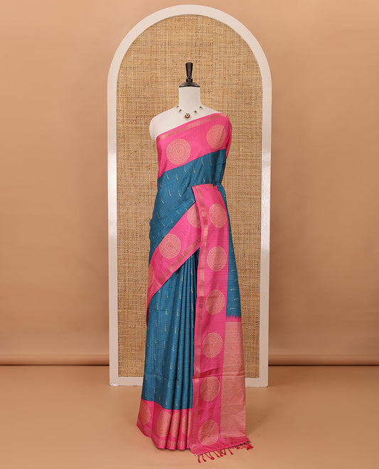 Blue horizontal stripes & muniya buttas katan silk saree, contrast chakram butta border, weaving-style print pallu & contrast print blouse