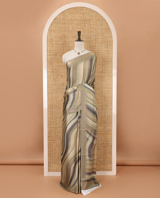 Light olive ombre-color abstract-printed satin crepe saree, copper zari line weave border & matching jaal printed blouse