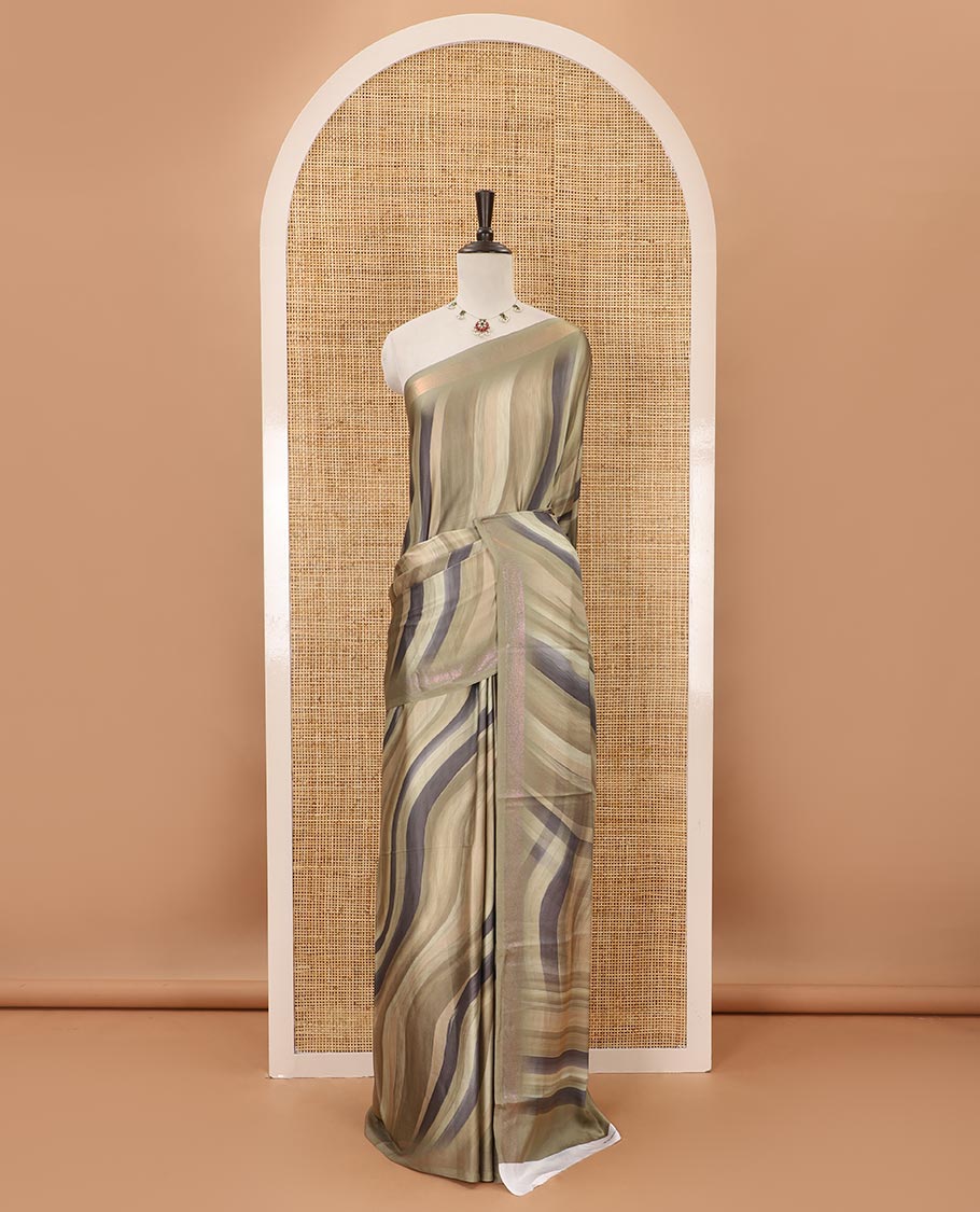 Light olive ombre-color abstract-printed satin crepe saree, copper zari line weave border & matching jaal printed blouse