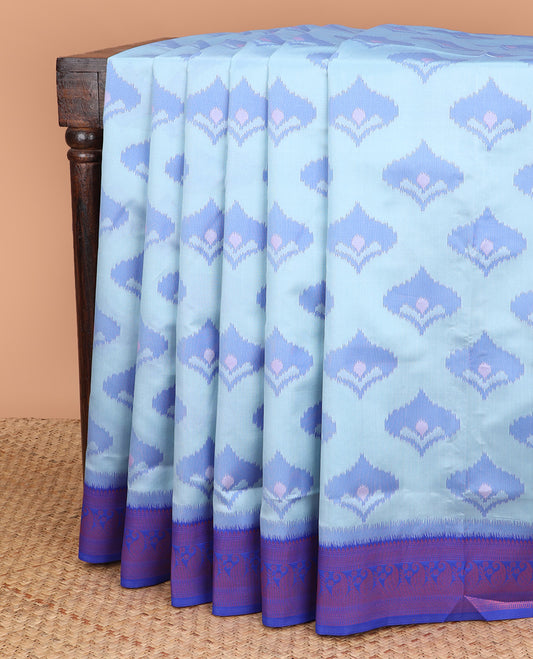 Sky blue pattola design mulberry silk saree with carry, zari design border & self empose with fancy tissue blouse