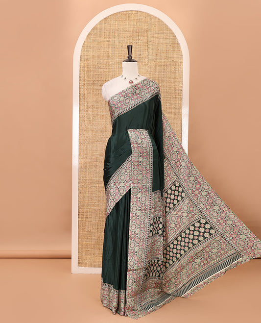 Green plain design Turkey crepe saree, intricately Ajrakh-printed border, pallu & matching blouse