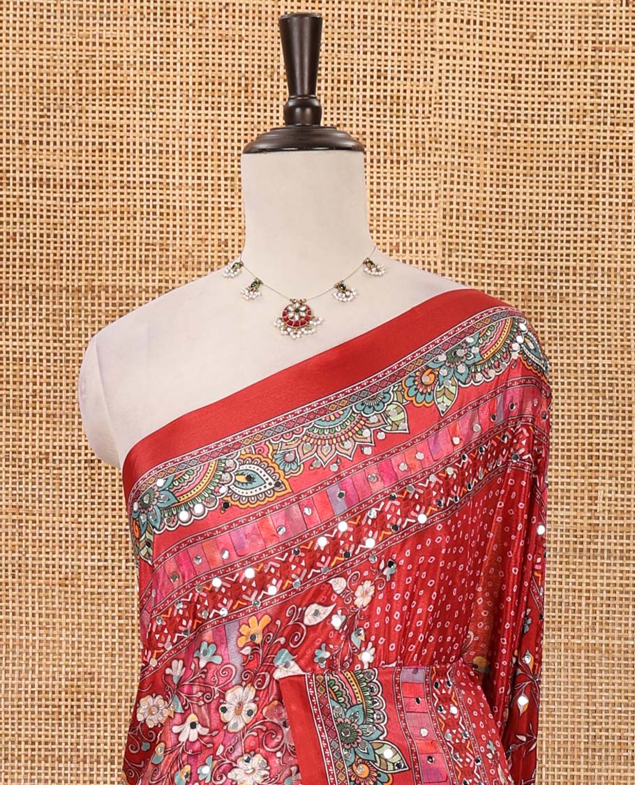Red-base floral bandhani-theme printed & real mirror embroidery masakali saree, self-border, printed mirror work pallu & matching blouse