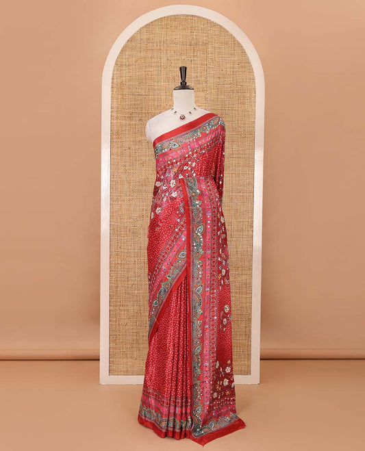 Red-base floral bandhani-theme printed & real mirror embroidery masakali saree, self-border, printed mirror work pallu & matching blouse