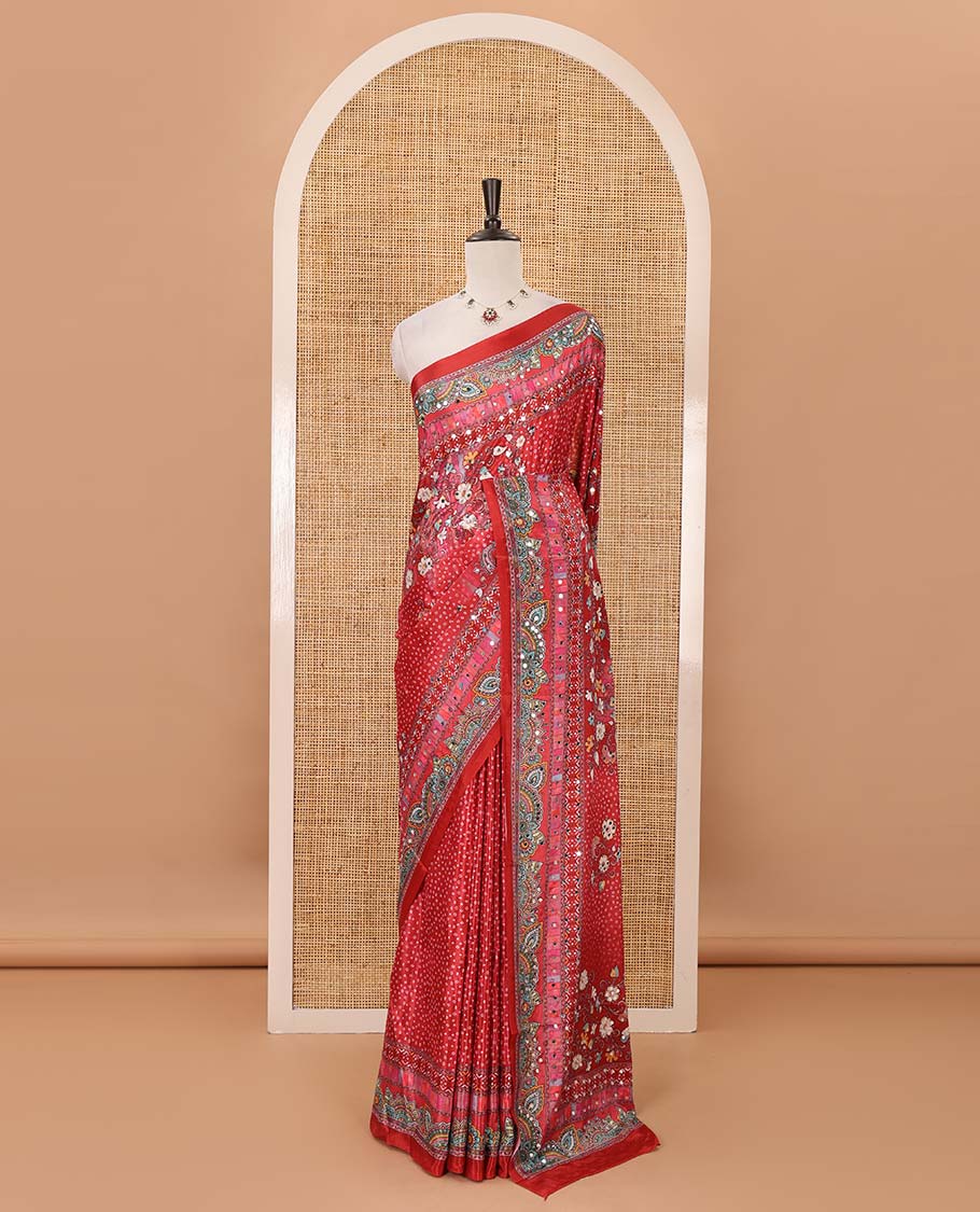 Red-base floral bandhani-theme printed & real mirror embroidery masakali saree, self-border, printed mirror work pallu & matching blouse