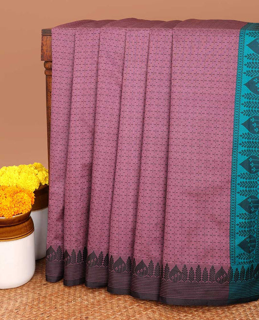 Purple  geometric design silk saree with contrast striped,floral design border & intricate floral design pallu along with contrast blouse