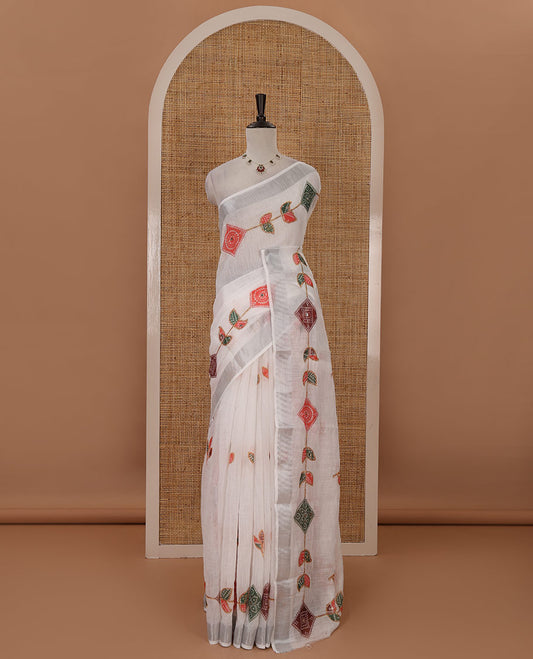 White-base linen saree with zari work & colorful bandhani motifs print, silver zari border & bandhani printed blouse
