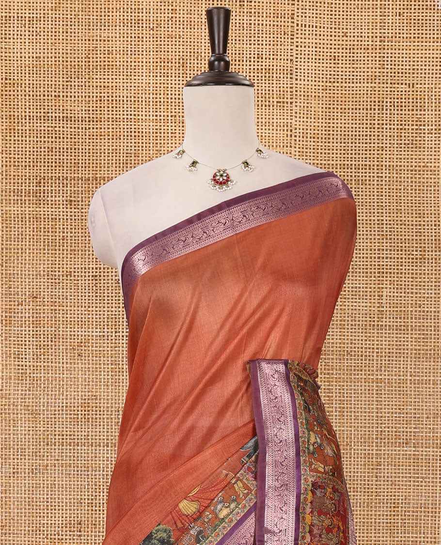Orange ancient human printed semi-tussar saree, traditional rettai pettu border of ancient human motifs print, printed pallu & running blouse