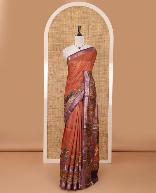 Orange ancient human printed semi-tussar saree, traditional rettai pettu border of ancient human motifs print, printed pallu & running blouse