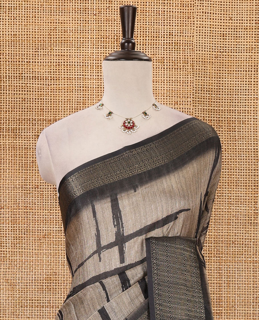 Chikku geometric printed semi-jute saree, contrast geometric zari border, Madhubani-style printed pallu, & black blouse of print & zari work