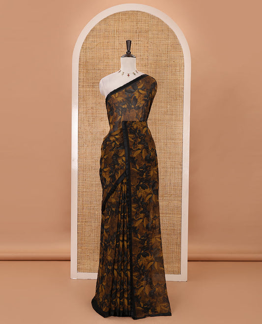 Black-mustard floral digital printed georgette saree, satin lace plain border & black plain blouse