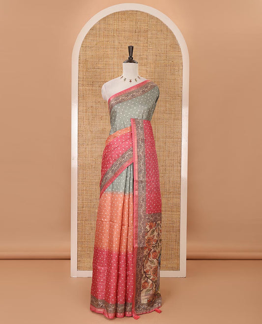 Pink 3D-dying with bandhani printed design kota saree , self printed border , radhe and kalamkari style printed pallu & contrast printed blouse