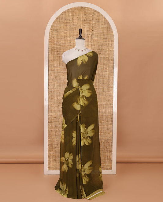 Borderless olive green big floral motifs printed georgette saree with contrast printed blouse