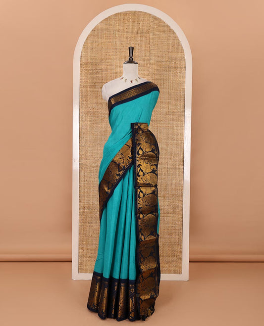 Blue plain sungudi cotton saree, contrast big annam motifs woven zari border, zari striped pallu & zari design blouse