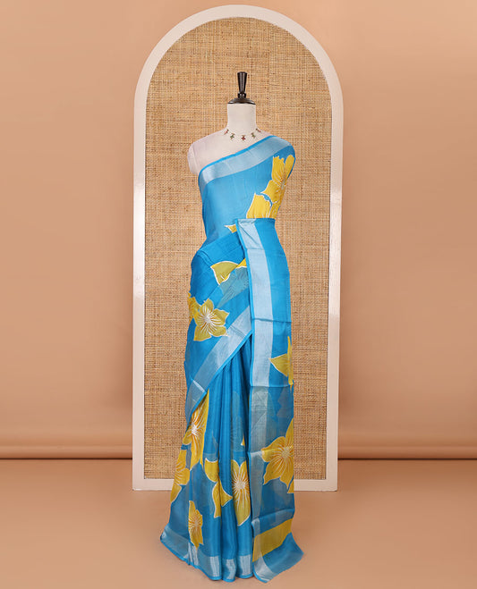 Blue floral placement-style printed Marble chiffon saree, zari border & contrast yellow gotta patti work & mixed embroidered blouse