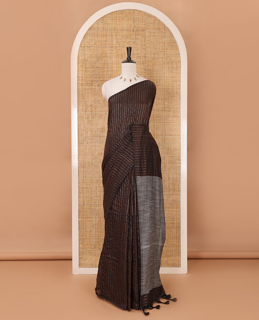Borderless brown vertically striped khadi cotton saree, contrast grey plain pallu & matching plain blouse