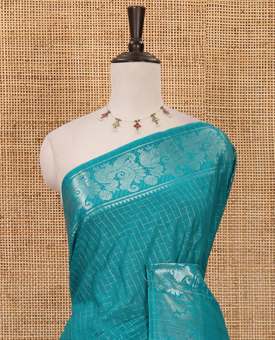 Ramar blue zari checked Sungudi cotton saree, zari annam motifs woven border, zari striped pallu & contrast zari checked blouse