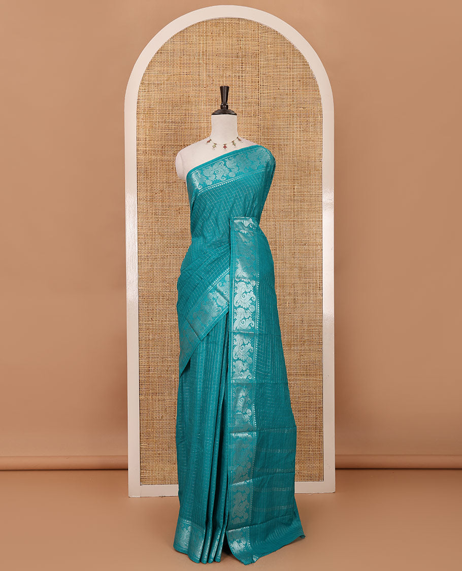 Ramar blue zari checked Sungudi cotton saree, zari annam motifs woven border, zari striped pallu & contrast zari checked blouse