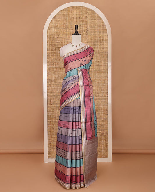 Pink abstract geometric printed semi-tussar saree, contrast thread triangle motifs border, striped pallu & contrast striped blouse