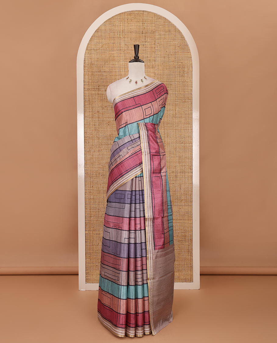 Pink abstract geometric printed semi-tussar saree, contrast thread triangle motifs border, striped pallu & contrast striped blouse