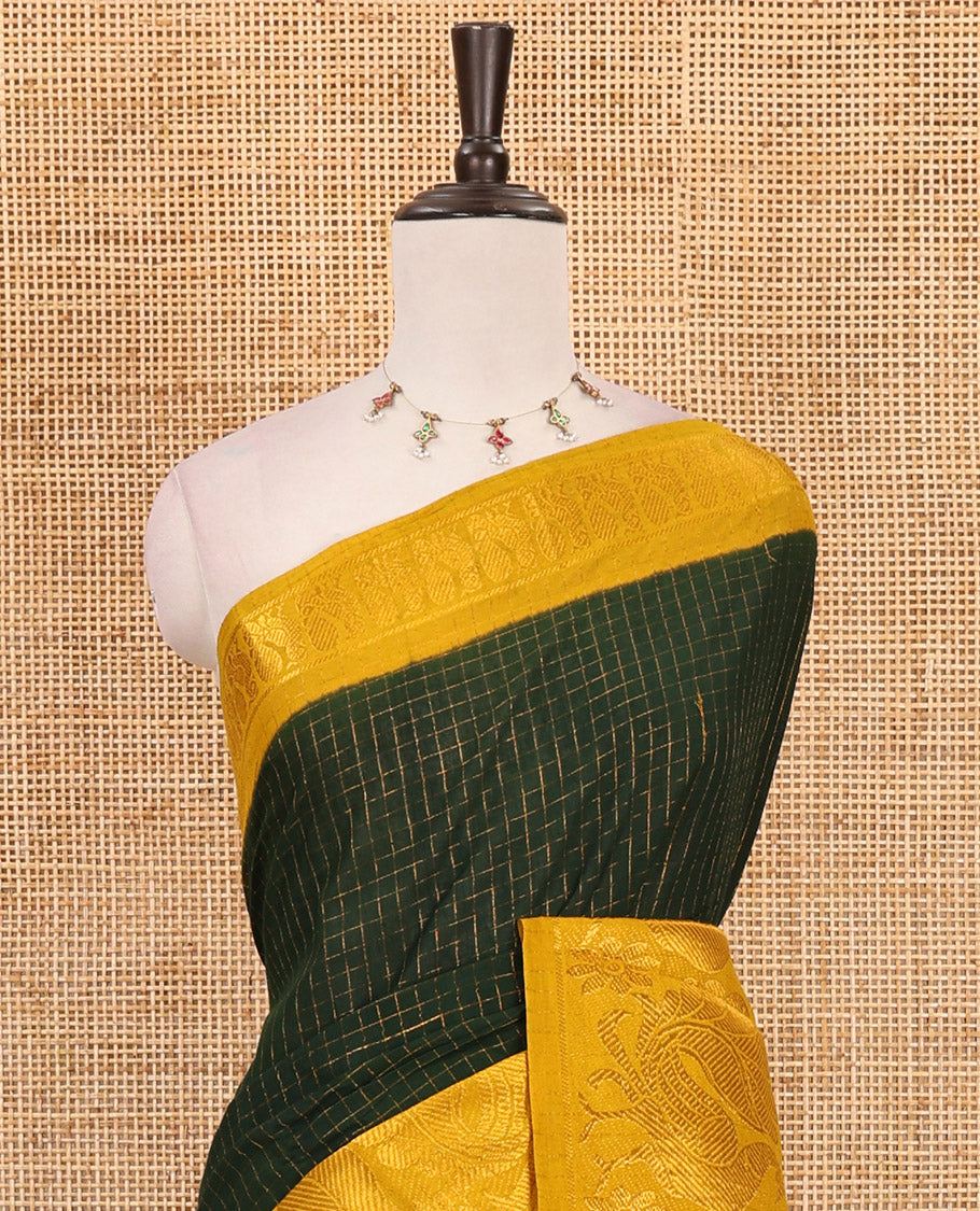 Bottle green zari checked Sungudi cotton saree, contrast zari border decked up with peacock motifs, zari striped pallu & contrast veldhari stripes blouse