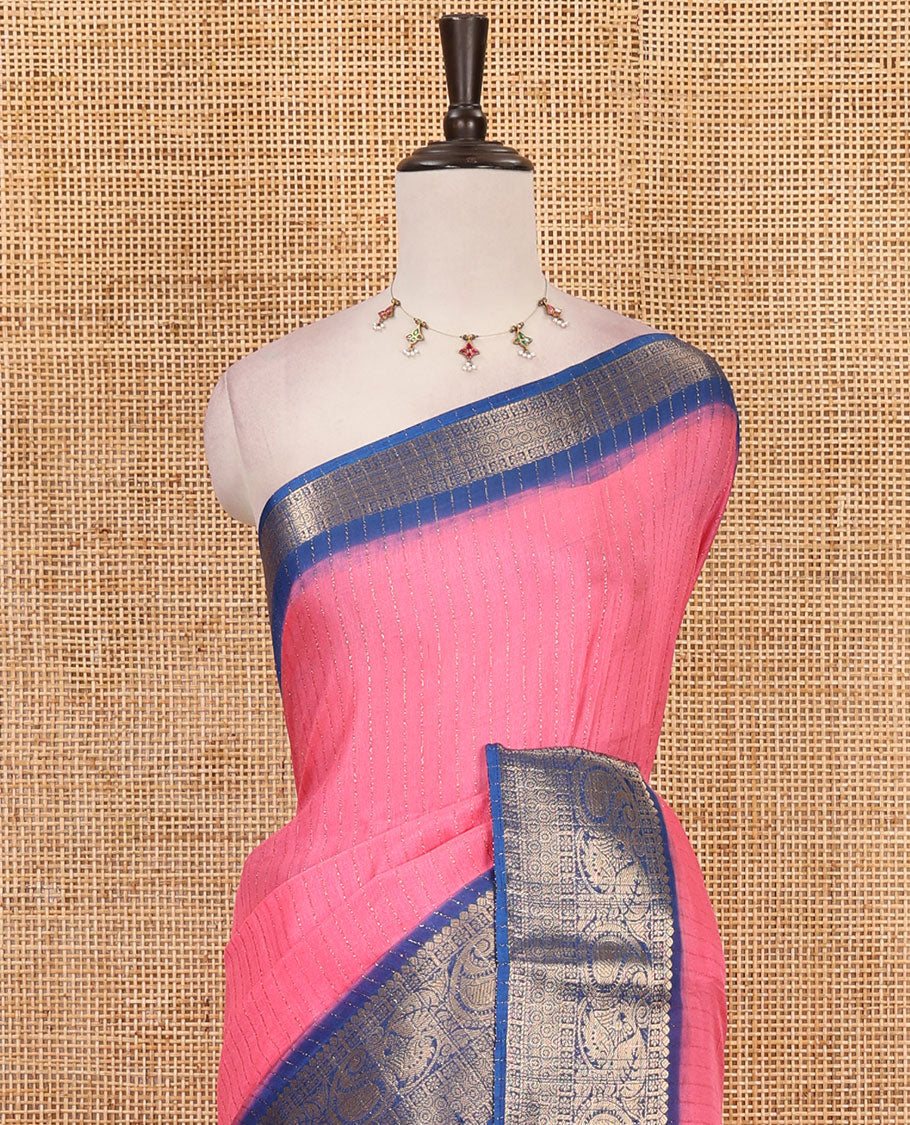 Pink gold zari vertical striped dola silk saree, contrast traditional zari border of manga design, striped pallu & contrast diamond design blouse