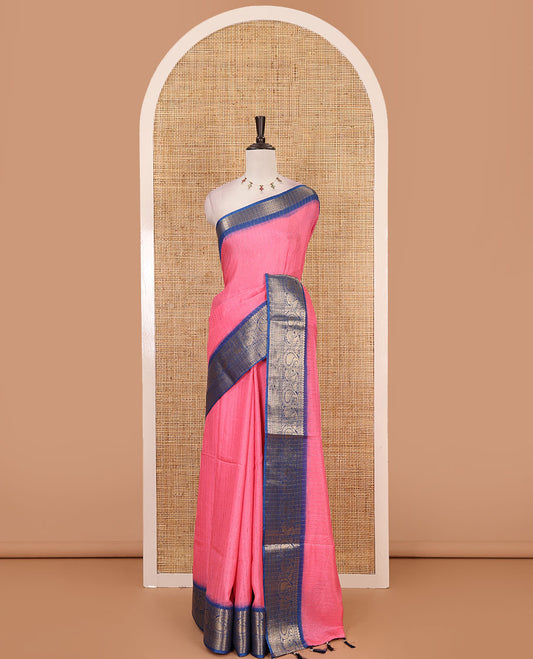 Pink gold zari vertical striped dola silk saree, contrast traditional zari border of manga design, striped pallu & contrast diamond design blouse