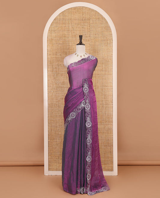 Lavender full-plain fendy chiffon saree, scallop swarovski stone work geometric border and contrast plain blouse