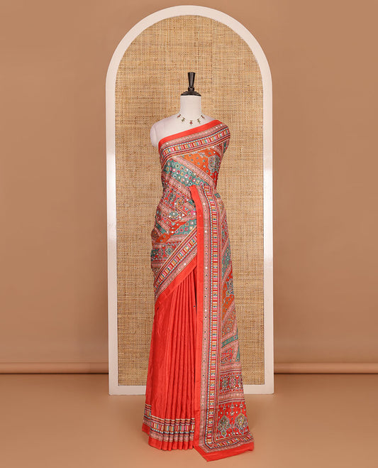 Red geometric patterns printed and mirror embroidered Masakali saree with matching plain printed border blouse