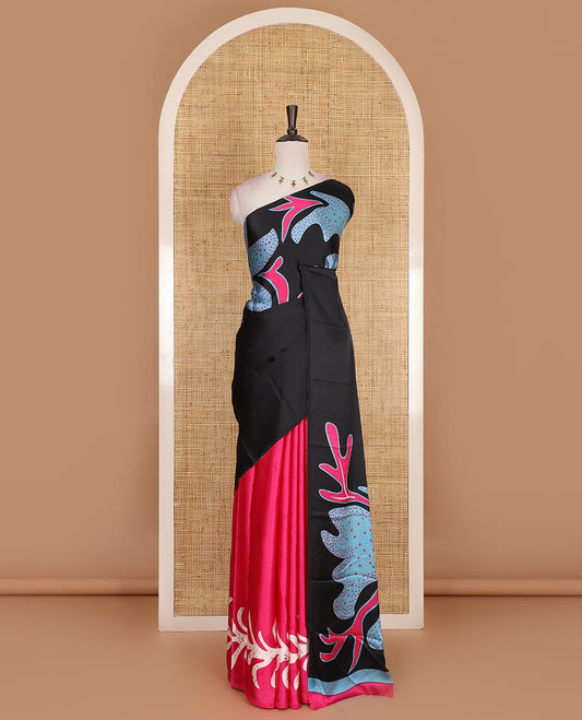 Borderless pink abstract style vines batik printed Gajji silk saree, printed pallu, and plain blouse