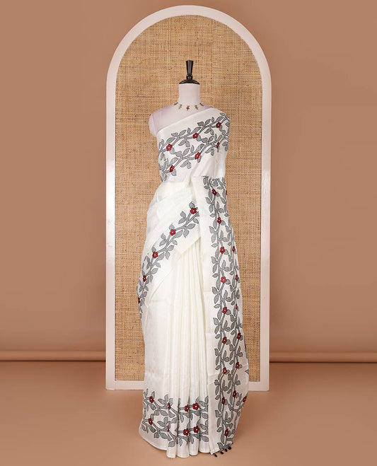 Cream-black full-plain khadi cotton saree, double-sided floral vine printed border, floral printed border, and drop butta printed blouse