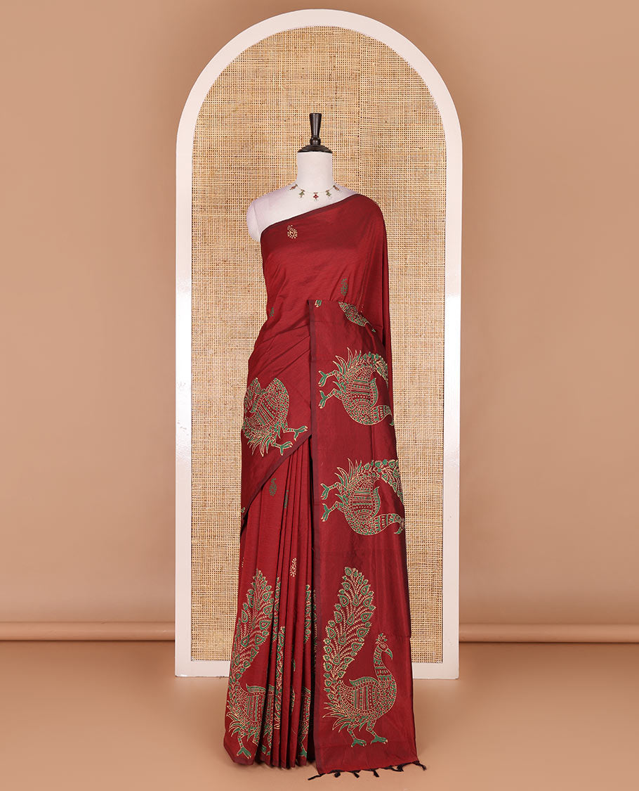 Borderless maroon pretty peacock motifs hand block style printed south cotton saree with contrast printed blouse