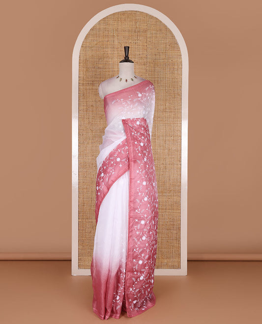 White floral vine chickankari embroidered kota chex saree, lace border, floral vine chickankari embroidered pallu, and contrast plain blouse