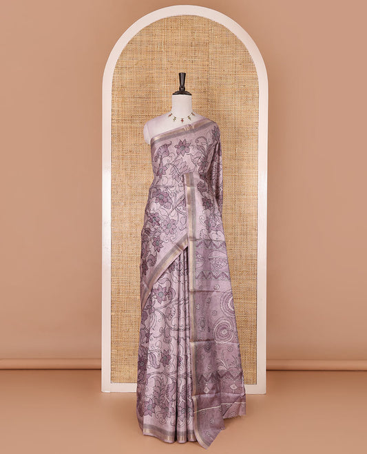 Light violet kalamkari style floral vine printed semi-tussar saree, gold zari piping border, printed pallu, and matching printed blouse