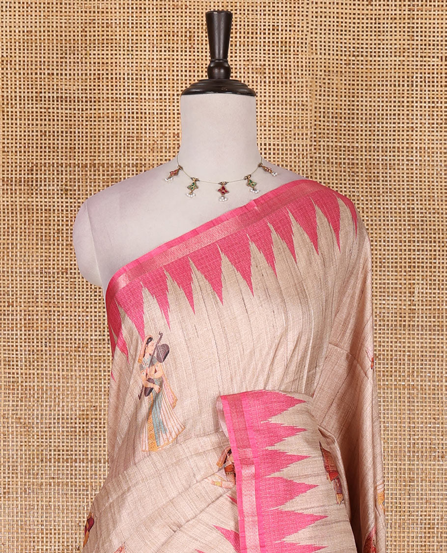 Chikku and pink Radha motifs printed katan silk saree, contrast temple border, ikkat motifs woven pallu, and contrast printed pallu
