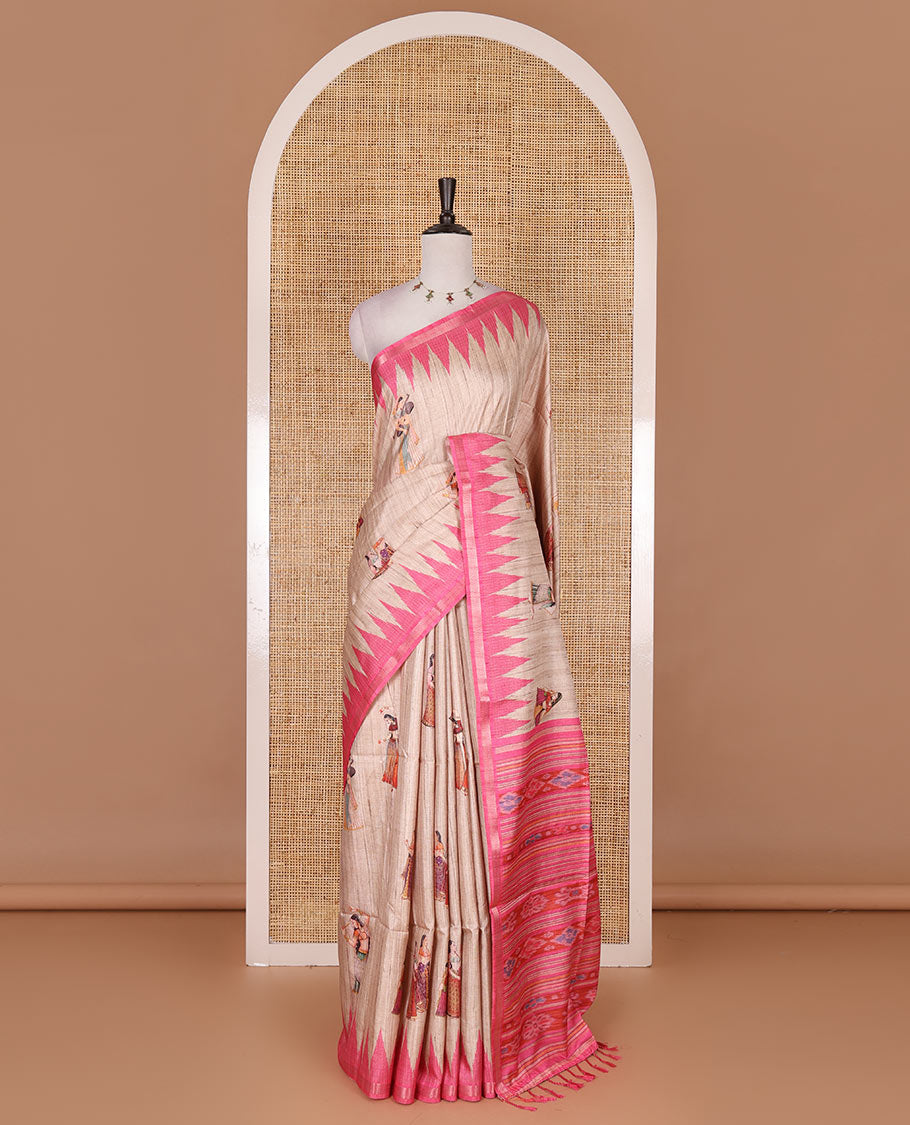 Chikku and pink Radha motifs printed katan silk saree, contrast temple border, ikkat motifs woven pallu, and contrast printed pallu