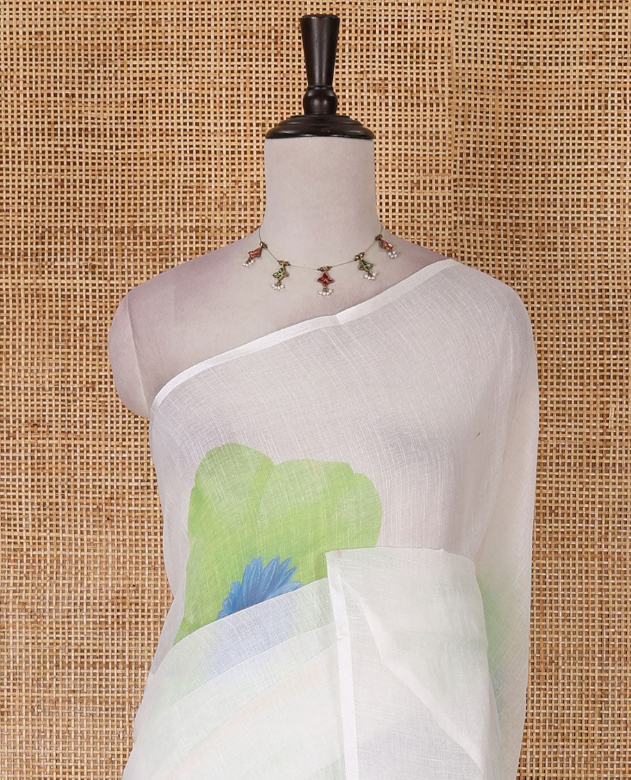 Borderless white and green floral printed linen cotton saree, contrast plain blouse