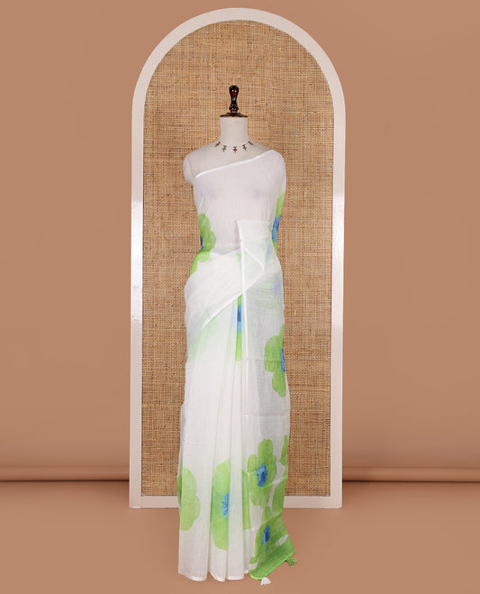 Borderless white and green floral printed linen cotton saree, contrast plain blouse