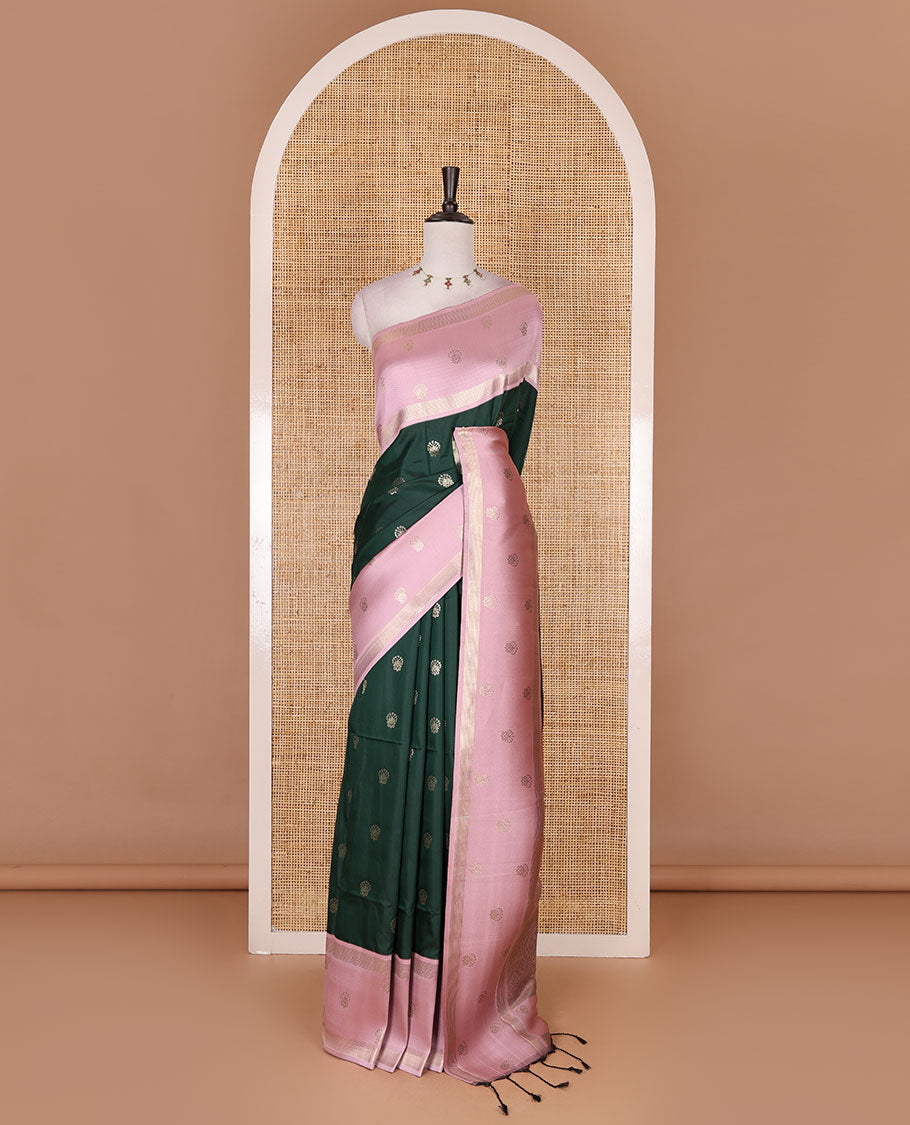 Green zari buttas soft silk saree, contrast zari design border, intricate jaal pallu, and contrast zari design blouse