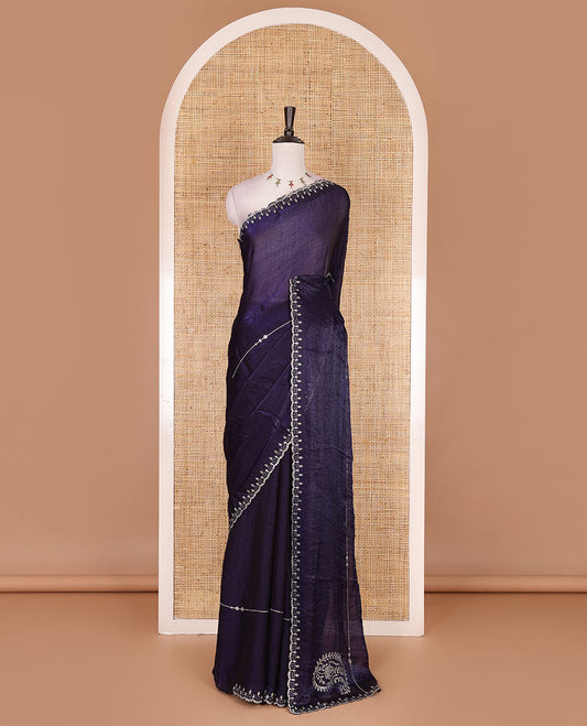 Blue micro stonework Fendi chiffon saree, scallop micro stonework border, stonework paisley pallu, and matching micro stone work blouse