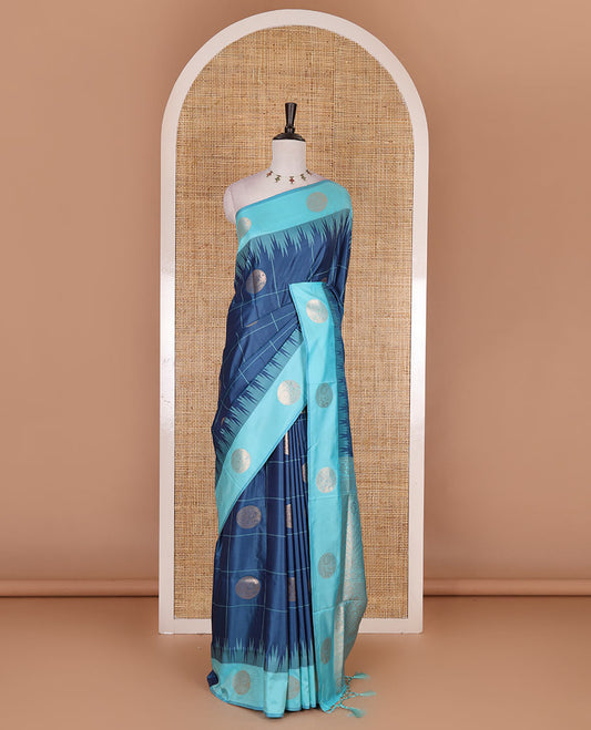 Blue round peacock chakram buttas enclosed checked Mulberry silk saree, contrast round peacock chakra border, zari worven pallu, and contrast zari blouse
