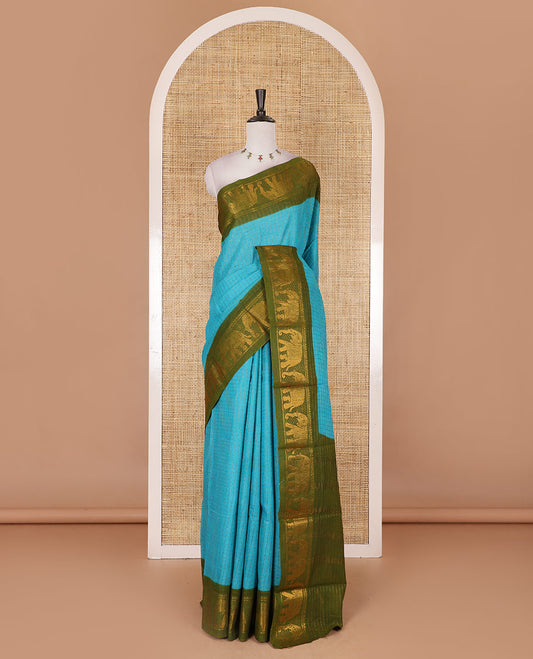 Blue zari checked Sungudi cotton saree, contrast elephant motif border, zari striped pallu, and contrast zari design blouse