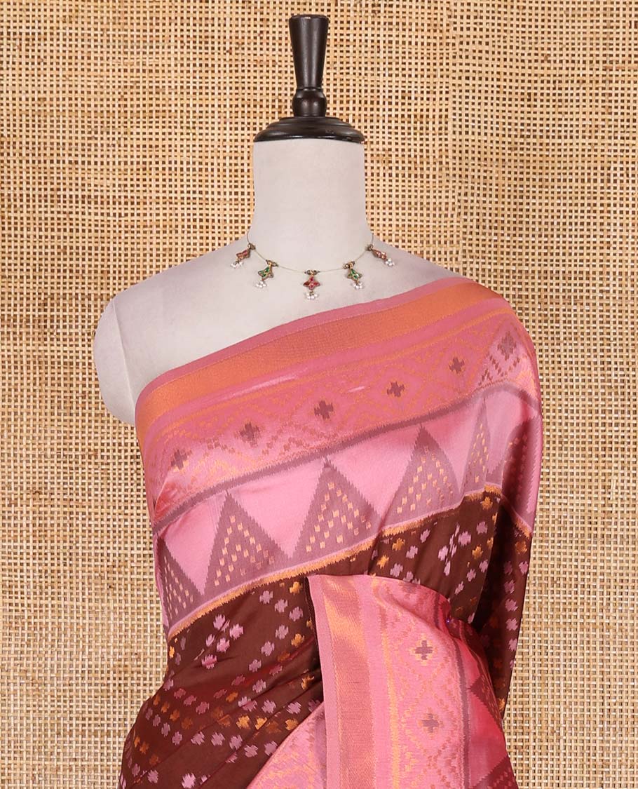 Maroon ikkat style zari and thread buttas elite soft silk saree, contrast ikkat design border, geometric patterned pallu, and a contrast blouse